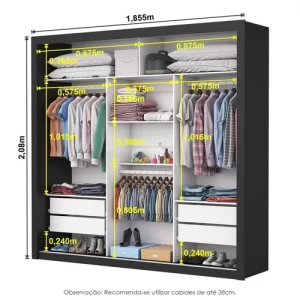 Guarda-Roupa Casal 3 Portas com Espelho Max Plus Preto - Image 7