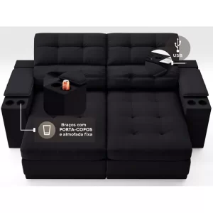Sofá com Porta Copos e Carregador USB Eureka 1,70m Assento Retrátil e Reclinável Velosuede Preto - Image 4