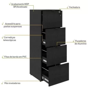 Gaveteiro Arquivo 4 Gavetas para Pastas Suspensas Kuaq40 Kuadra Espresso Móveis Preto Onix - Image 5