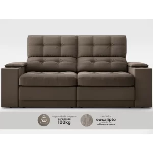 Sofá com Porta Copos e Carregador USB Eureka 1,70m Assento Retrátil e Reclinável Velosuede Marrom - Image 5