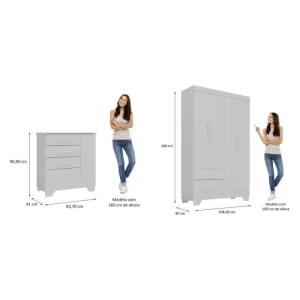 Quarto Infantil Completo Guarda Roupa 4 Portas 2 Gavetas com Cômoda Liz Branco - Image 2