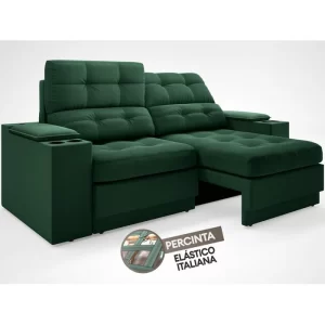 Sofá com Porta Copos e Carregador USB Eureka 1,70m Assento Retrátil e Reclinável Velosuede Verde - Image 5