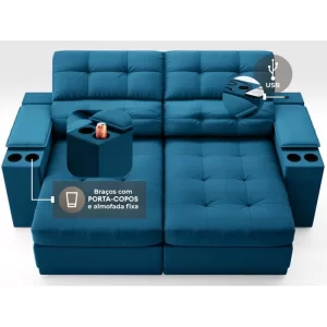 Sofá com Porta Copos e Carregador USB Eureka 1,70m Assento Retrátil e Reclinável Velosuede Royal - Image 4