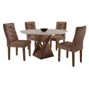 Conjunto Sala de Jantar Mesa Tampo Redondo Plus 100x100cm com 4 Cadeiras Barcelona Yescasa Chocolate/Off White/Suede Animale - Image 3