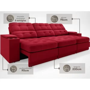 Sofá com Porta Copos e Carregador USB Eureka 2,30m Assento Retrátil e Reclinável Velosuede Vermelho - Image 2