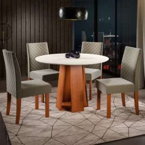 Conjunto Sala de Jantar 1 Mesa Redonda com 4 Cadeiras Beatriz Espresso Móveis Cinza