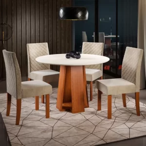 Conjunto Sala de Jantar 1 Mesa Redonda com 4 Cadeiras Beatriz Espresso Móveis Bege
