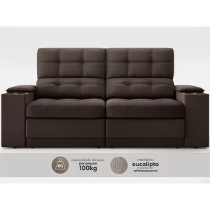 Sofá com Porta Copos e Carregador USB Eureka 1,70m Assento Retrátil e Reclinável Velosuede Chocolate - Image 3