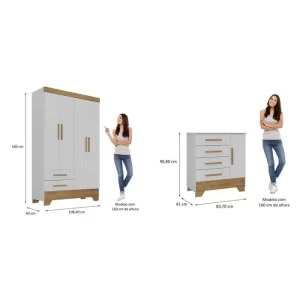 Quarto Infantil Completo Guarda Roupa 4 Portas 2 Gavetas com Cômoda Liz Espresso Móveis Branco Fosco/Nature - Image 3