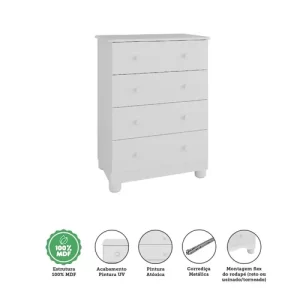 Cômoda Infantil 4 Gavetas em MDF Júnior Móveis Peroba Branco Brilho - Image 3