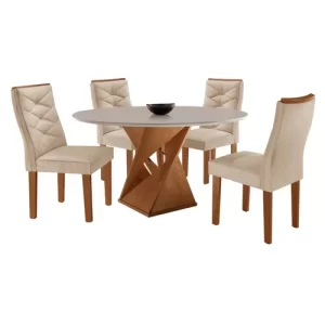 Conjunto Sala de Jantar Mesa Tampo Redondo Plus 100x100cm com 4 Cadeiras Barcelona Yescasa Cinamomo/Off White/Suede Pena - Image 2