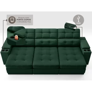 Sofá com Porta Copos e Carregador USB Eureka 2,30m Assento Retrátil e Reclinável Velosuede Verde - Image 4