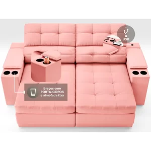Sofá com Porta Copos e Carregador USB Eureka 1,70m Assento Retrátil e Reclinável Velosuede Rosê - Image 4