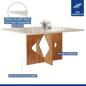 Conjunto Sala de Jantar Mesa Tampo Dakota Plus Vidro 120x80cm com 4 Cadeiras Laura Yescasa CinamomoOff WhiteSuede Animale - Image 7