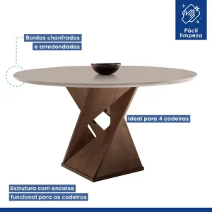 Conjunto Sala de Jantar Mesa Tampo Redondo Plus 100x100cm com 4 Cadeiras Barcelona Yescasa Chocolate/Off White/Suede Animale - Image 4