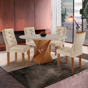 Conjunto Sala de Jantar Mesa Tampo Redondo Plus 100x100cm com 4 Cadeiras Barcelona Yescasa Cinamomo/Off White/Suede Pena