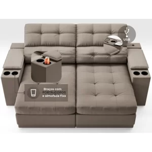 Sofá com Porta Copos e Carregador USB Eureka 1,70m Assento Retrátil e Reclinável Velosuede Capuccino - Image 4