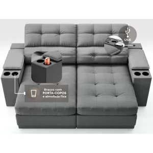 Sofá com Porta Copos e Carregador USB Eureka 1,70m Assento Retrátil e Reclinável Velosuede Grafite - Image 4