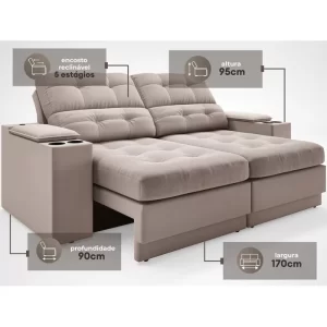 Sofá com Porta Copos e Carregador USB Eureka 1,70m Assento Retrátil e Reclinável Velosuede Bege - Image 2