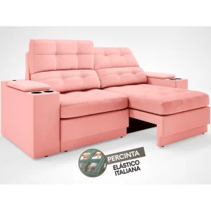 Sofá com Porta Copos e Carregador USB Eureka 1,70m Assento Retrátil e Reclinável Velosuede Rosê - Image 6