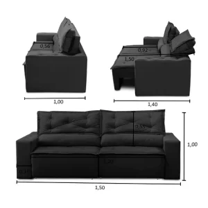 Sofá Retrátil e Reclinável 2 lugares com Molas 1,50m Livia Suede Preto - Image 3
