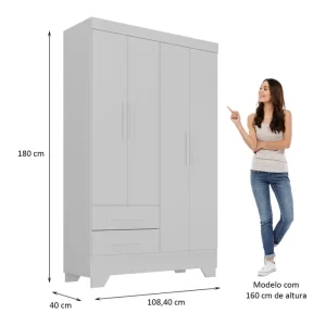 Quarto Infantil Completo Guarda Roupa 4 Portas 2 Gavetas com Cômoda Liz Branco - Image 4