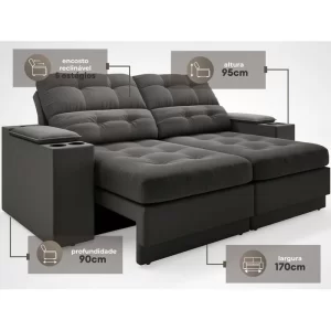 Sofá com Porta Copos e Carregador USB Eureka 1,70m Assento Retrátil e Reclinável Velosuede Cinza - Image 2