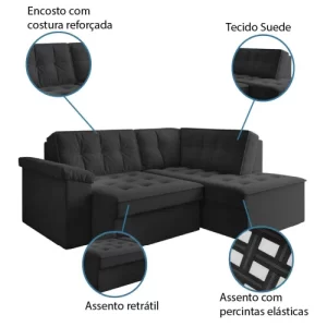 Sofá de Canto Retrátil 5 Lugares Grécia Cinza Suede - Image 3