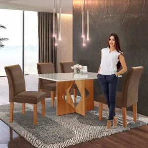 Conjunto Sala de Jantar Mesa Tampo Dakota Plus Vidro 120x80cm com 4 Cadeiras Laura Yescasa CinamomoOff WhiteSuede Animale - Image 2