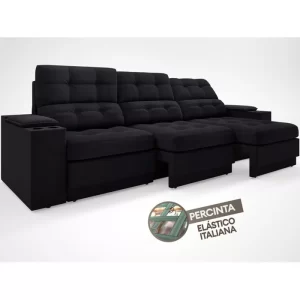 Sofá com Porta Copos e Carregador USB Eureka 2,30m Assento Retrátil e Reclinável Velosuede Preto - Image 5