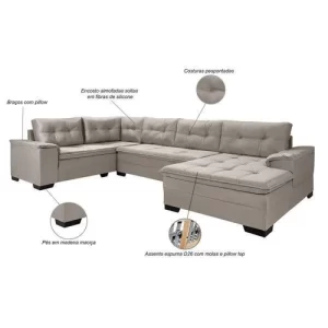 Sofá de Canto 6 Lugares com Chaise Suede Aveludado Viena Império Estofados Cinza - Image 2