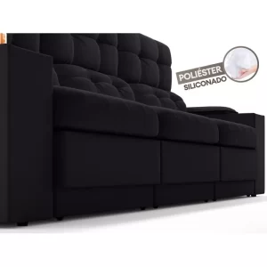 Sofá com Porta Copos e Carregador USB Eureka 2,30m Assento Retrátil e Reclinável Velosuede Preto - Image 4