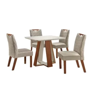 Conjunto Sala de Jantar Mesa 90x90cm Tampo Vidro/MDF com 4 Cadeiras Grécia Espresso Móveis Castanho Prêmio/Off White - Image 2