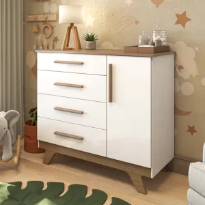 Cômoda Infantil 1 Porta 4 Gavetas em MDF Kakau Retrô Móveis Peroba Branco Brilho/Carvalho