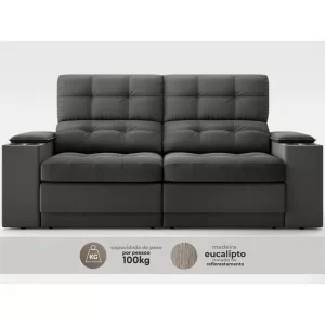 Sofá com Porta Copos e Carregador USB Eureka 1,70m Assento Retrátil e Reclinável Velosuede Cinza - Image 3