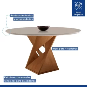 Conjunto Sala de Jantar Mesa Tampo Redondo Plus 100x100cm com 4 Cadeiras Barcelona Yescasa Cinamomo/Off White/Suede Animale - Image 4