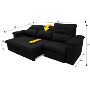 Sofá RetrátilReclinável Verona 2,30M Suede Velut Preto com Molas No Assento - King House Preto - Image 5