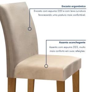 Conjunto Sala de Jantar Mesa Tampo de Vidro 4 Cadeiras Espanha Yescasa Ypê/Off White/Tecido Pena - Image 6