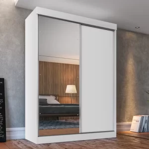 Guarda-Roupa Solteiro 2 Portas de Correr 2 Gavetas e Espelho Peônia - Branco