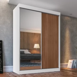 Guarda-Roupa Solteiro 2 Portas de Correr 2 Gavetas e Espelho Peônia - Branco/Macadâmia