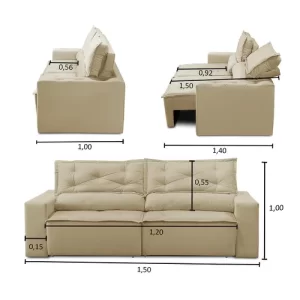 Sofá Retrátil e Reclinável 2 lugares com Molas 1,50m Livia Suede Bege - Image 3