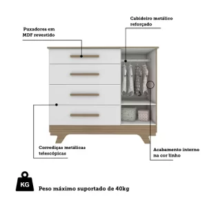 Cômoda Infantil 1 Porta 4 Gavetas em MDF Kakau Retrô Móveis Peroba Branco Brilho/Carvalho - Image 5
