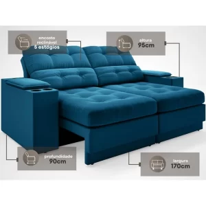 Sofá com Porta Copos e Carregador USB Eureka 1,70m Assento Retrátil e Reclinável Velosuede Royal - Image 2