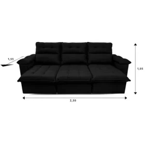 Sofá RetrátilReclinável Verona 2,30M Suede Velut Preto com Molas No Assento - King House Preto - Image 2