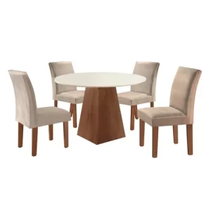 Conjunto Sala de Jantar Mesa Tampo Redondo Plus 4 Cadeiras Valsa ChocolateSuede Pena - Image 2