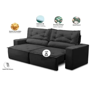 Sofá Retrátil e Reclinável 2 lugares com Molas 1,50m Livia Suede Preto - Image 2