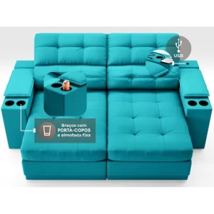 Sofá com Porta Copos e Carregador USB Eureka 1,70m Assento Retrátil e Reclinável Velosuede Turquesa - Image 4