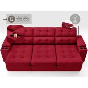Sofá com Porta Copos e Carregador USB Eureka 2,30m Assento Retrátil e Reclinável Velosuede Vermelho - Image 4