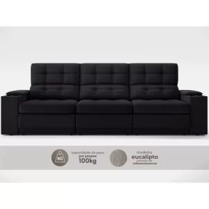 Sofá com Porta Copos e Carregador USB Eureka 2,30m Assento Retrátil e Reclinável Velosuede Preto - Image 2