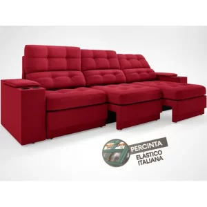 Sofá com Porta Copos e Carregador USB Eureka 2,30m Assento Retrátil e Reclinável Velosuede Vermelho - Image 6